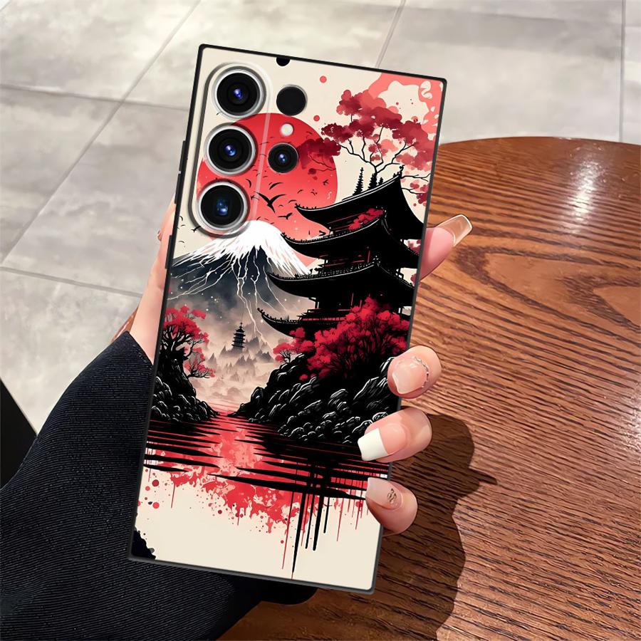 Japanese Ancient House Painting Case for Samsung Galaxy S23 Ultra S25 Edge S24 Plus S20 S21 FE Black Soft Phone Cover