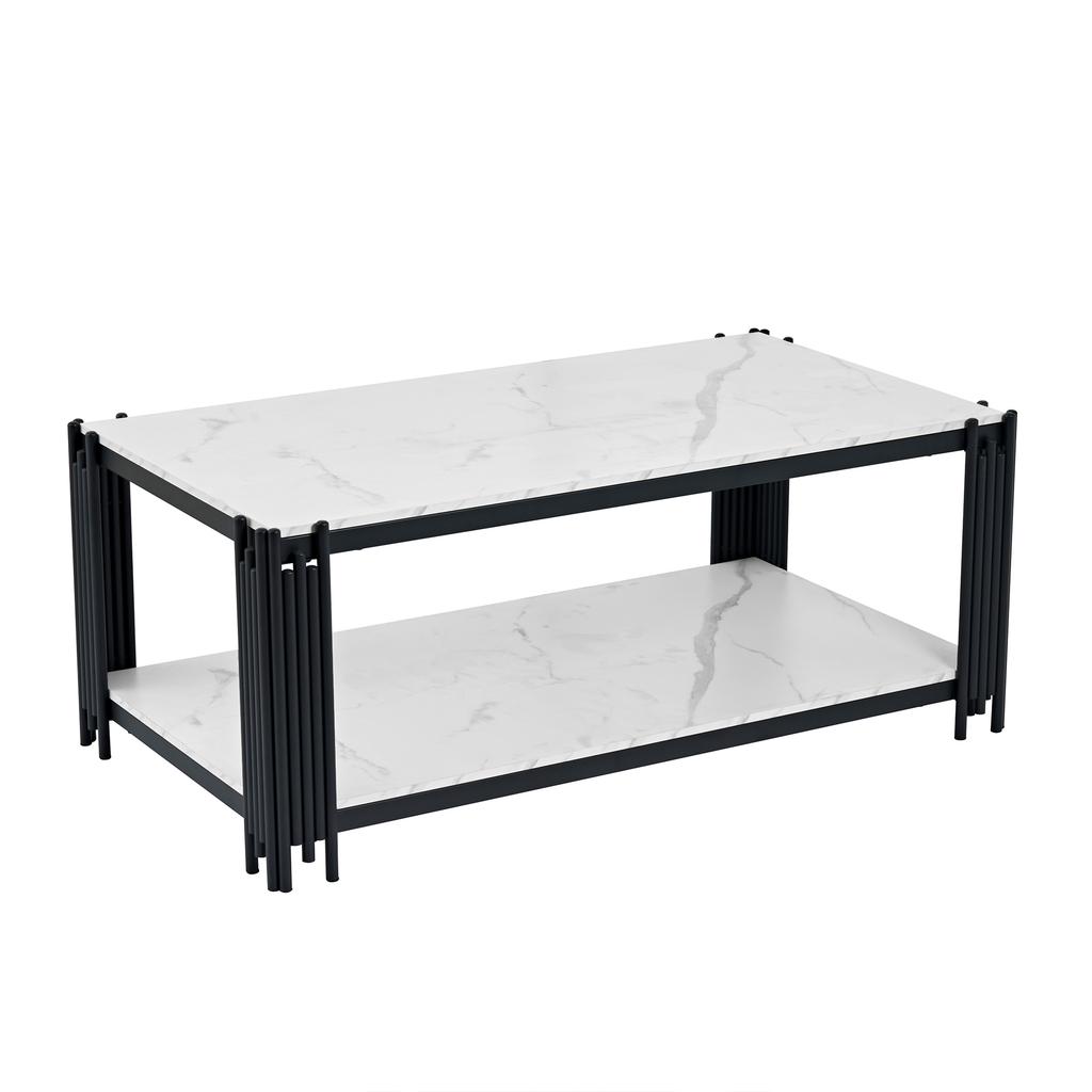 Rectangular Coffee Table with Metal Legs, Marbled Tabletop, Modern Living Room Furniture, White-Black – H46/B1140/T64 cm