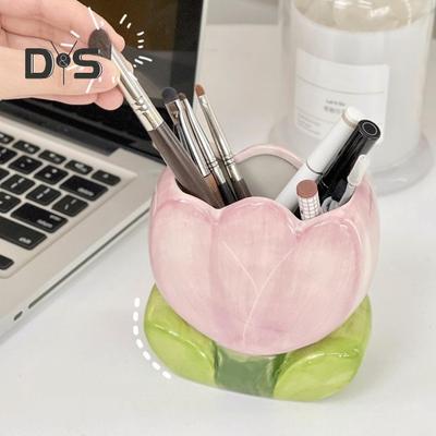 Ceramiczny uchwyt na długopisy w kształcie kwiatu, ręcznie robiony tulipanowy pojemnik na kosmetyki, organizer na pędzle do makijażu, uchwyt na ołówki w kształcie kwiatu do domowego biura