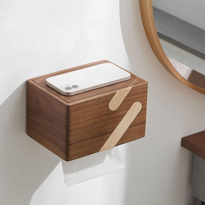 Walnut Bathroom Paper Holder Bathroom Paper Phone Holder with Shelf Tissue Holder Box Rack Toilet Paper Holder