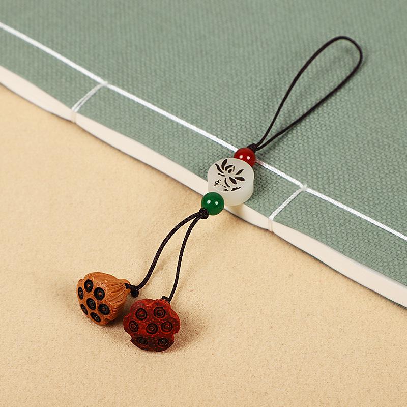 Colgante para Teléfono y Bolso de Madera de Melocotón con Loto, Lanyard USB con Llavero - Estilo Antiguo, Popular para Transmisiones en Vivo