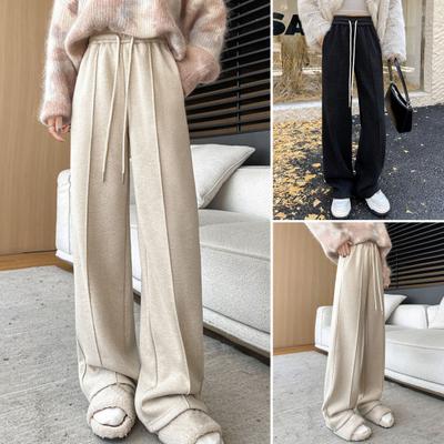 Women Pants Straight Wide Leg Drawstring Elastic Waist Casual Trousers with Pockets Solid