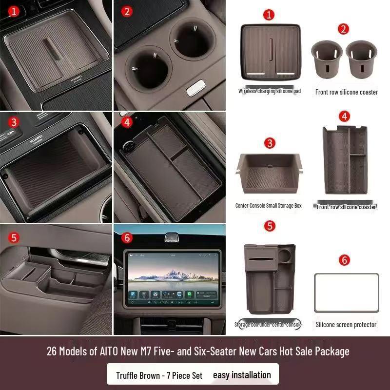 Compatible with 26 AITO M7 models, this silicone car interior set features wireless charging capabilities and decorative modifications.