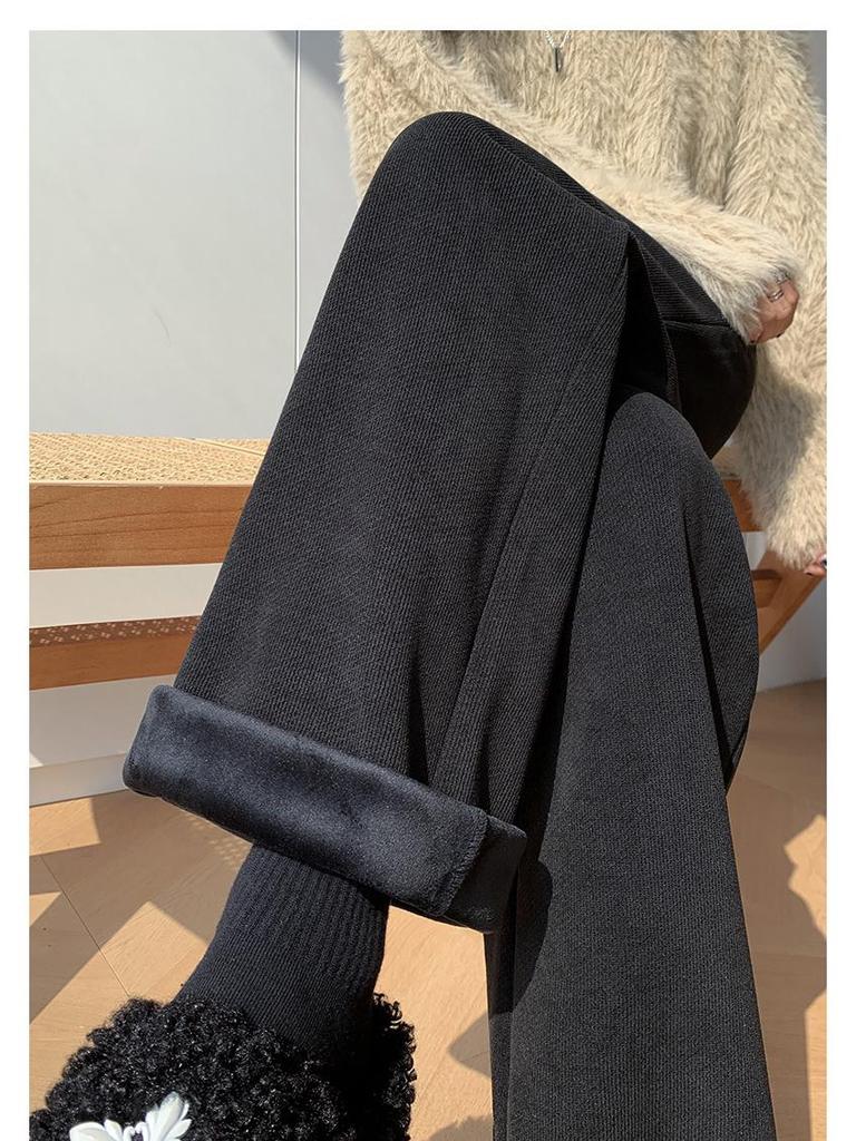 Women's Beige High-Waisted Wide-Leg Knitted Slim-Fit Trousers for Spring and Autumn, Fleece-Lined for Winter