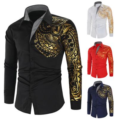 Printed Shirts Korean Style Bronzing Design Cotton Men Printed Dress Shirts Long Sleeve