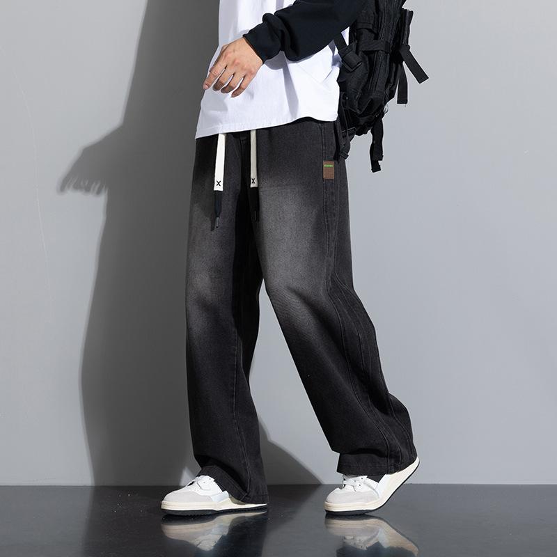 Jeans American Street Retro Elastic Waist Denim Men's Loose Straight Wide-leg Trousers