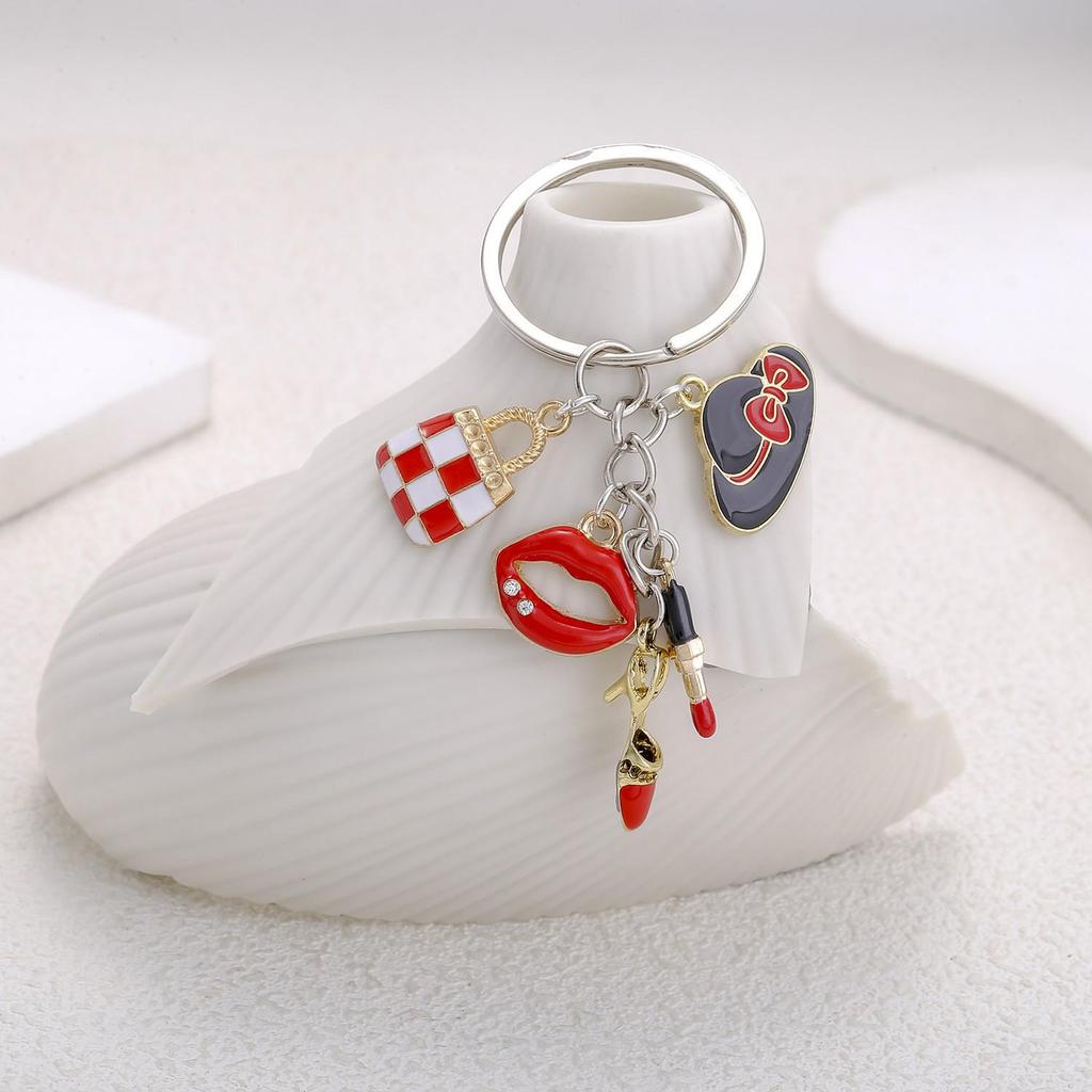 Lipstick & High Heels Keychain with Red Wine Glass Pendant