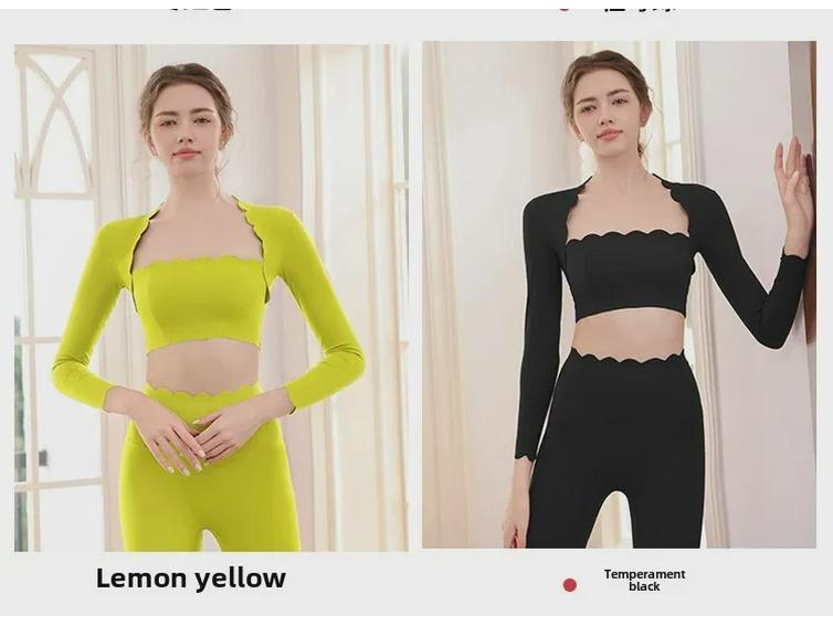 Fato de Yoga Feminino de Alta Elasticidade e à Prova de Choque: Top de Renda de Manga Comprida & Calças de Cintura Alta com Efeito Levanta Bumbum