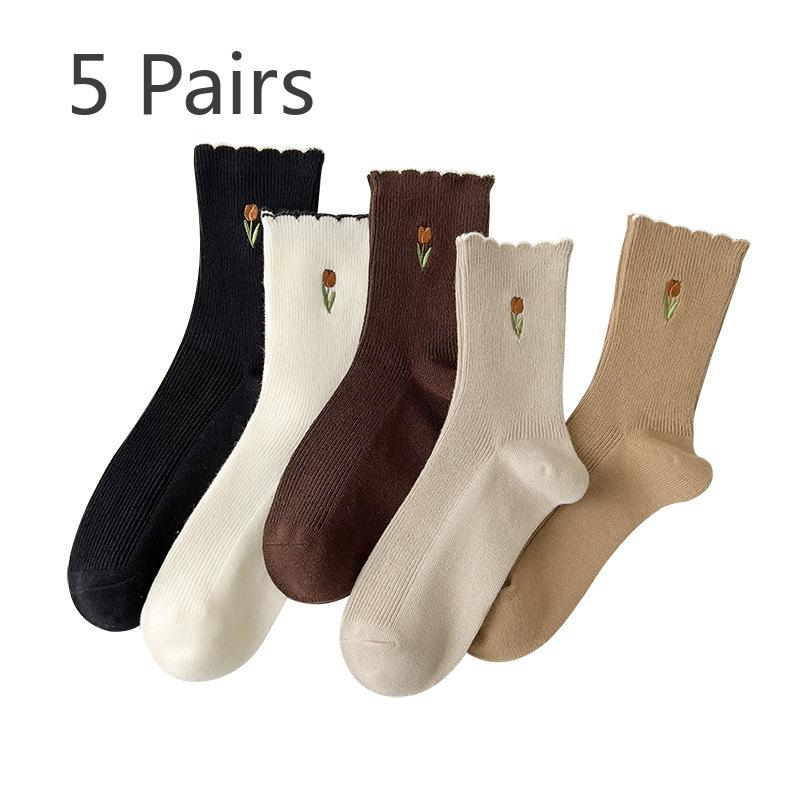5 Pairs of Spring and Autumn Tulip Lovely Flower College Wind Tube Socks