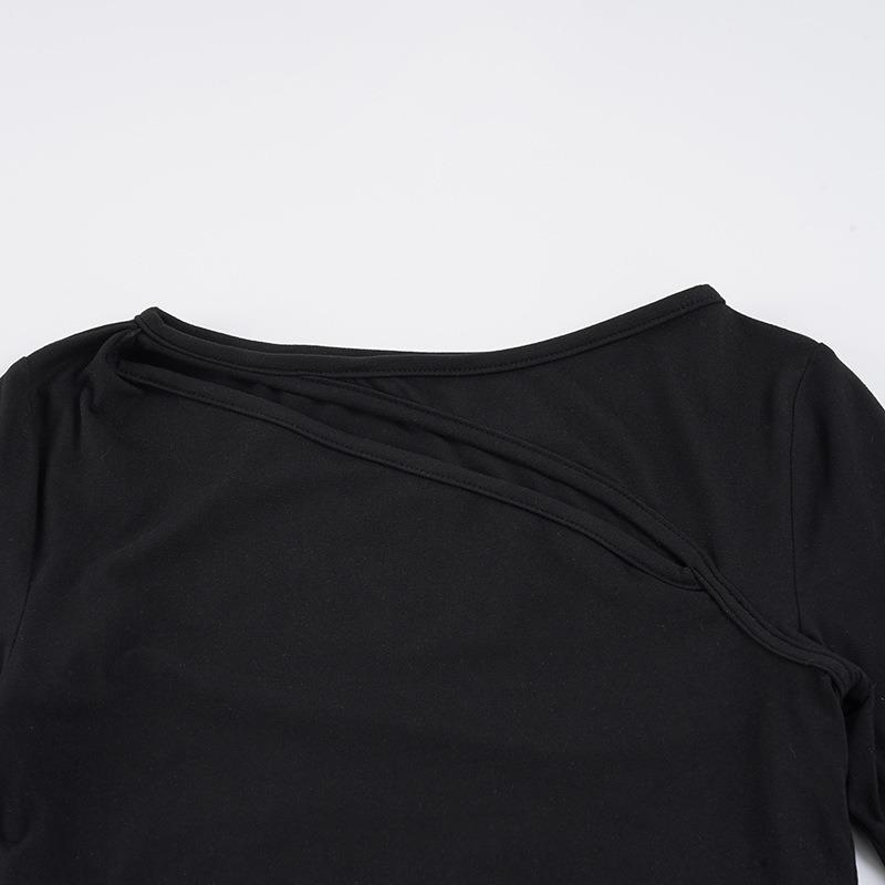 Summer New Style Hollow Design Long-sleeved T-shirt Simple Black Irregular Top for Women