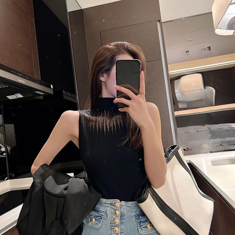 Women's Summer Fashion Knitted Tank Top Half High Neck Comfortable Breathable T-Shirt Thin Sleeveless Pullover Corset Top