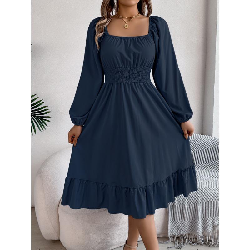 

Женское весенне-летнее повседневное однотонное платье с квадратным воротником и длинными рукавами, защипнутой талией XL тёмно-синий