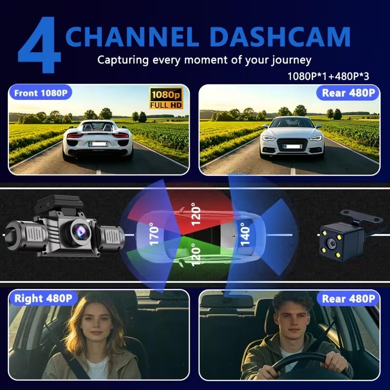 4 Channel WiFi 360° Panoramic Dash Cam, 1080P IR Night Vision 170° Wide Angle, G-Sensor 24H Parking Monitor
