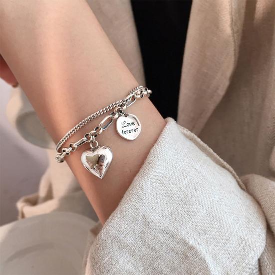Heart Charm Bracelet Double-Layer Love Heart Alloy Bracelet Adjustable Bracelet with Heart Round Pendant Jewelry for Party Dating Anniversary Gift