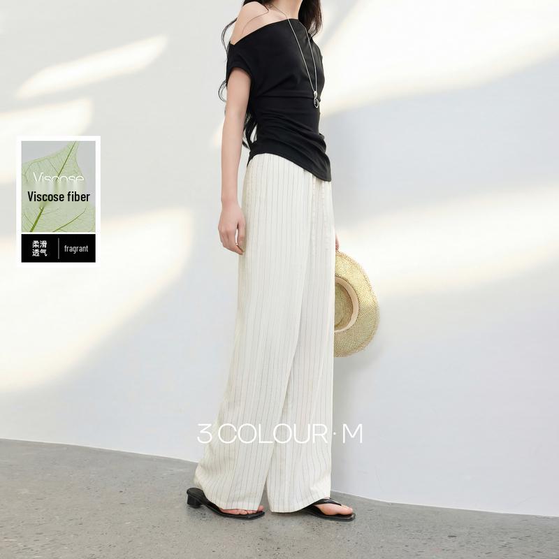 2026 Spring Striped White High-Waisted Loose Straight Leg Women s Trousers S
