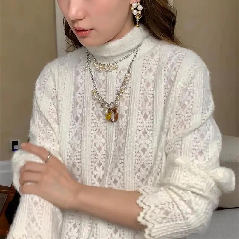 Renda e Design Oril Suave e Versátil Doce História Branca Camisa Base de Manga Comprida com