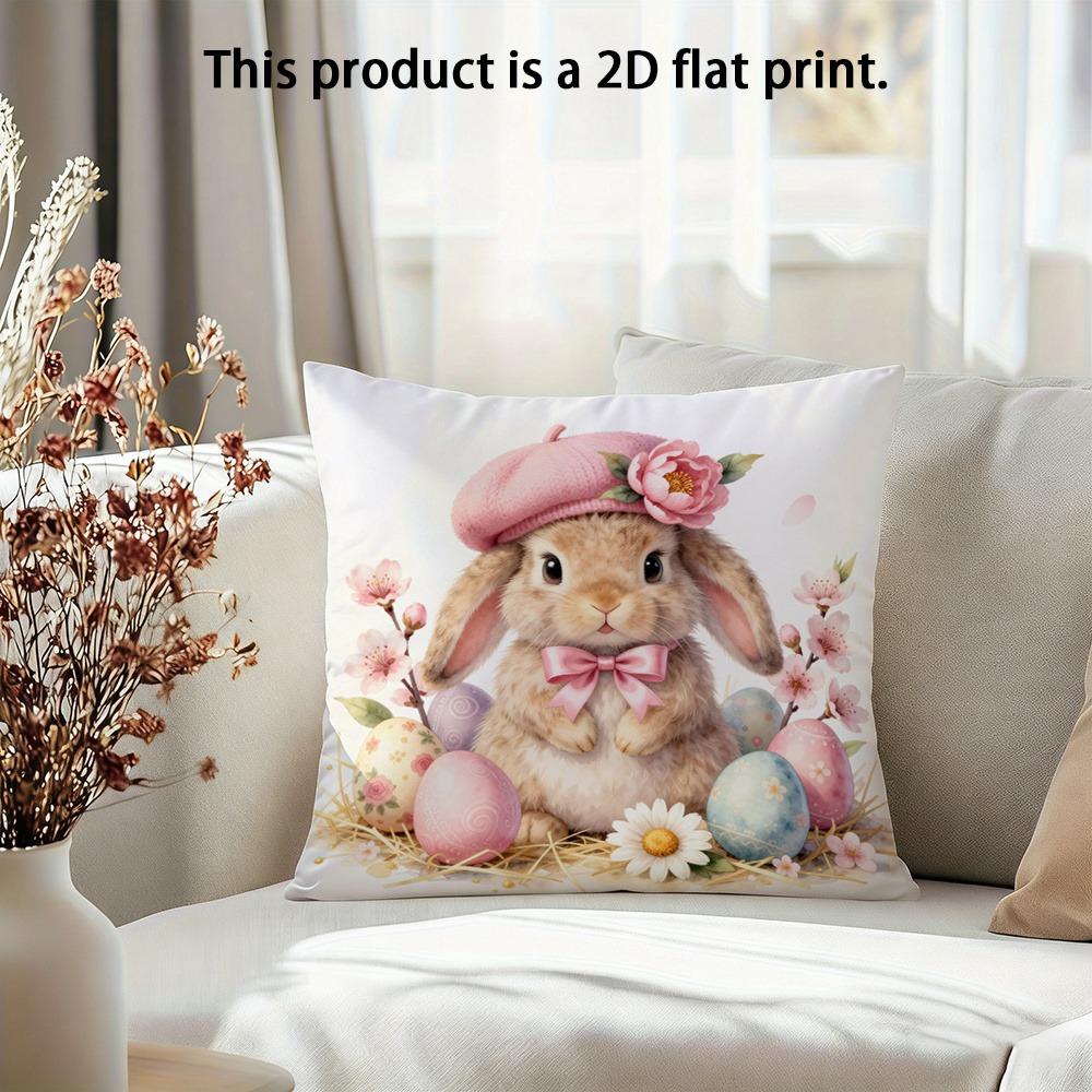 

1 piece, Easter cute rabbit printed pillowcase: cute pink hat rabbit accompanied by Easter eggs, home living room 40x40cm/16x16inch