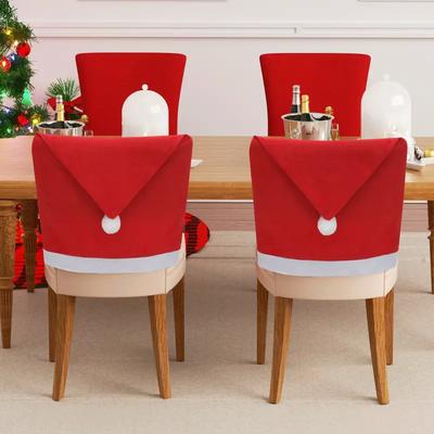 1-20PCS Christmas Chair Covers Red Polyester Dining Chair Decor with Santa Hat Back Covers, Holiday Table Setting Party Supplies