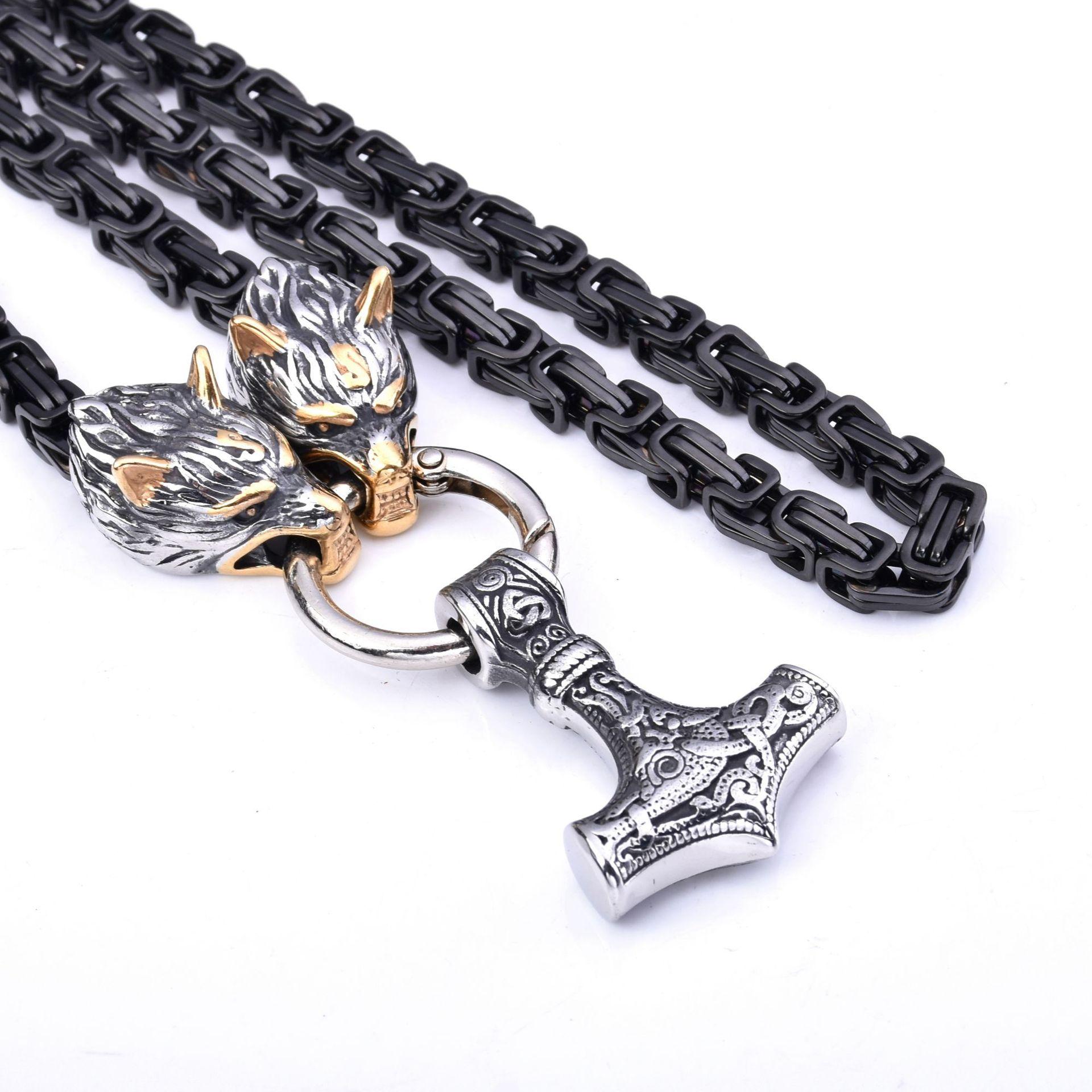 

Модное мужское ожерелье из нержавеющей стали с подвеской в ​​виде головы волка викингов с громовым молотом, черная императорская цепь 40
