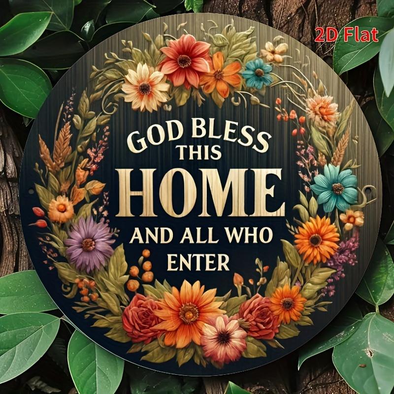 

Vintage God Bless This House Floral Wreath Aluminum Sign чистый