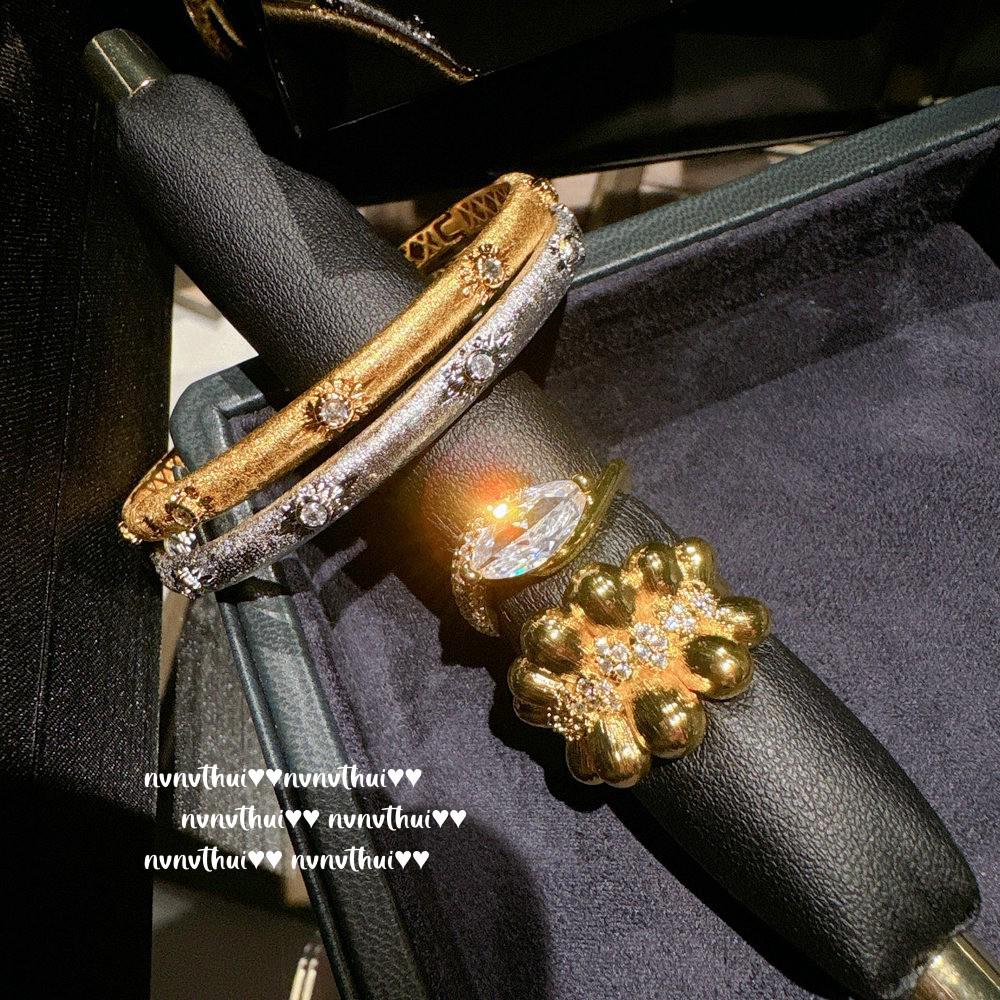 Italian Vintage Boho Gemstone Bracelet with Carved Zircon Coffee Bean Ring