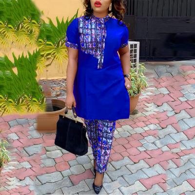 Women Large Size Stand Collar Short Sleeve Printed Loose Top & Pants Suit