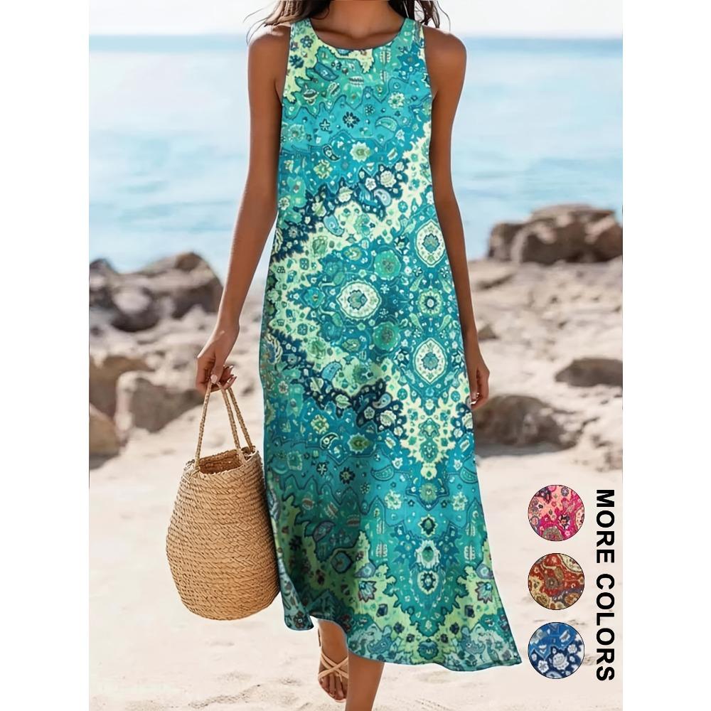 

2026 Women s sleeveless Bohemian floral casual beach MIDI sundress with flowing and loose Sweetheart Rustic Country XL