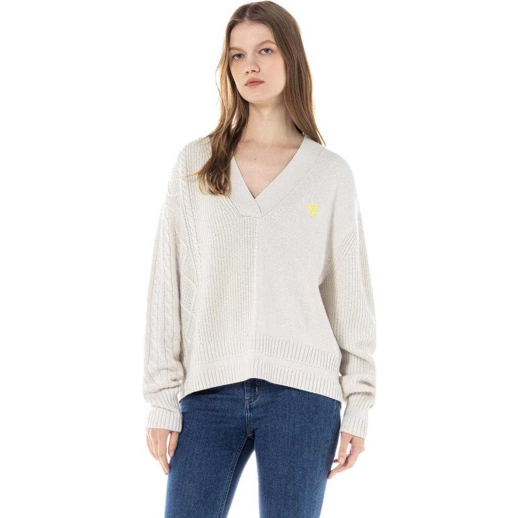 Calvin Klein V-Neck Solid Color Pullover Sweater Women Tops Off-White J220488-ACF