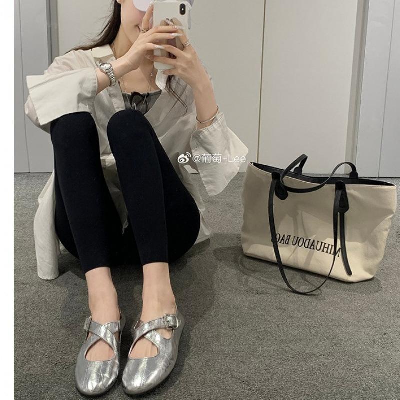 Cross-strap Silver Round Head Soft Leather Mary Jane Women's Shoes Light Mouth Flat Sole Shoes