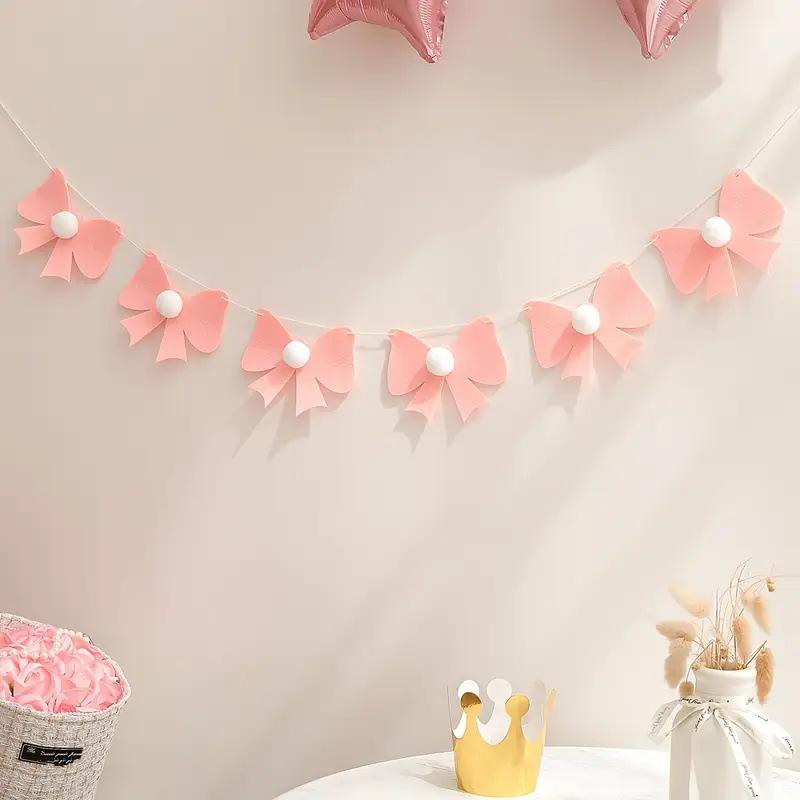 1Set Sweet Felt Bow Theme Banner Plush Ball Bow Bedroom Hanging Bunting Garlands for Kids Girl Birthday Baby Shower Party Decor