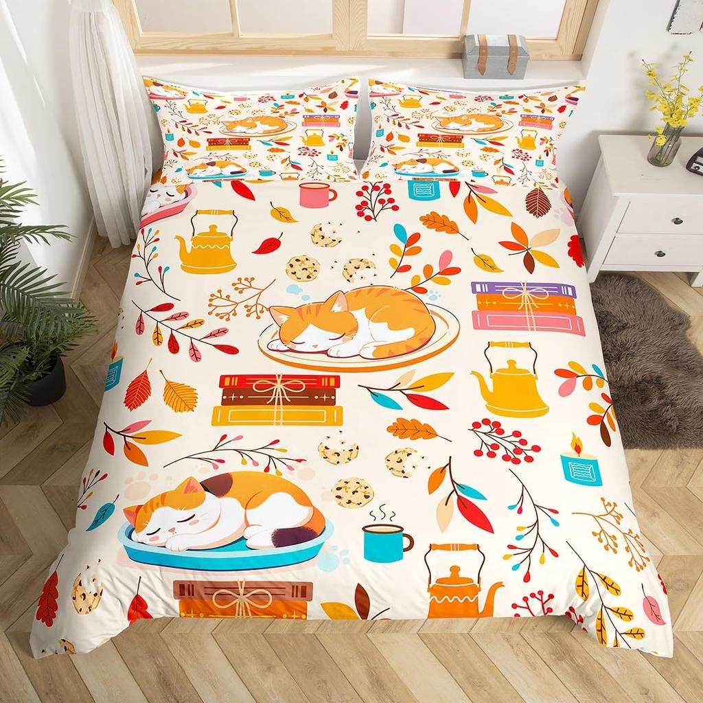 Girls Kawaii Cat Bedding Set Full Queen, Cute Kitten Comforter Cover Cartoon Duvet Cover Colorful Flowers Plant Bedspread Cover