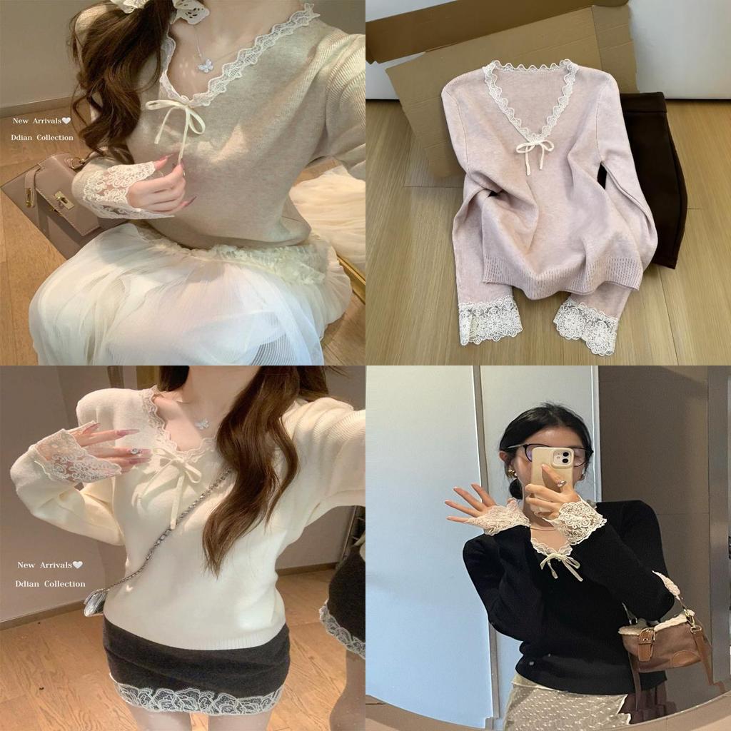 Pink Vneck Lace Patch Wool Knit Sweater For Women Fall Winter Casual Comfort