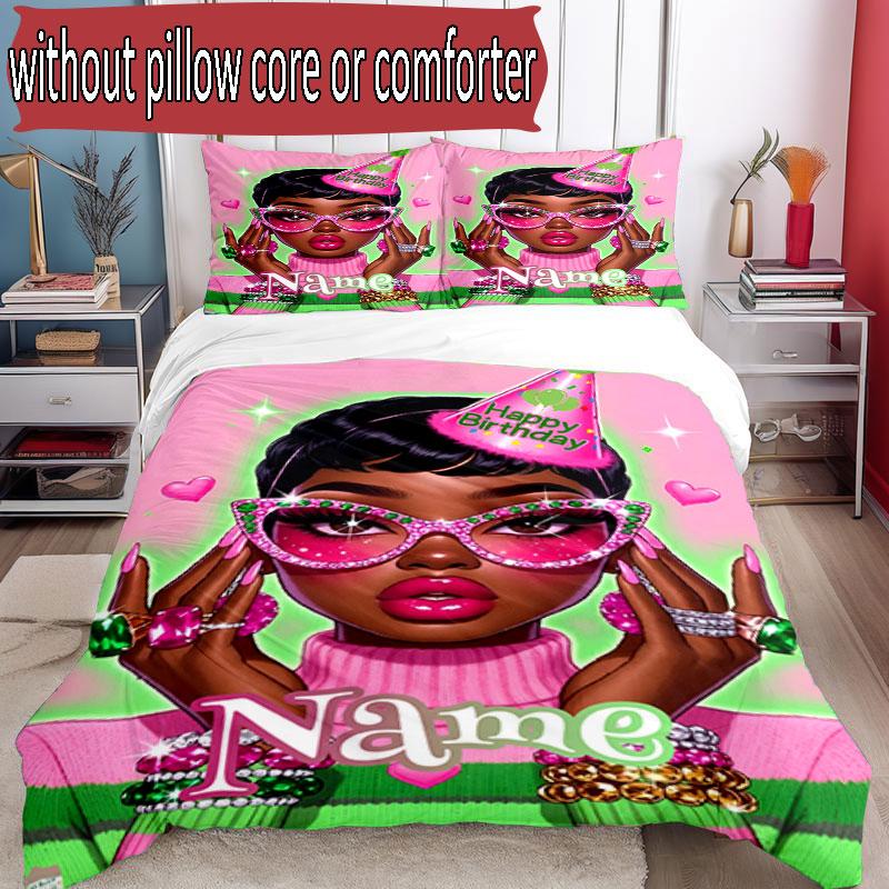 3pcs Duvet Cover Set (1*Duvet Cover + 2*Pillowcase, Without Core), Custom Name Alpha Kappa Alpha Pattern Bedding Set, Home Bedroom Decor Gift