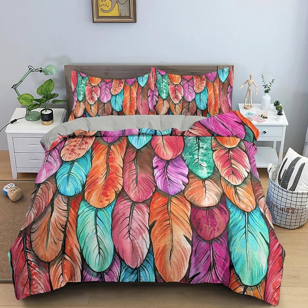 Colorful Feathers Pattern Bedding Set Soft Cozy Duvet Cover Set Luxury King Queen Quilt Cover for Bedroom Decor
