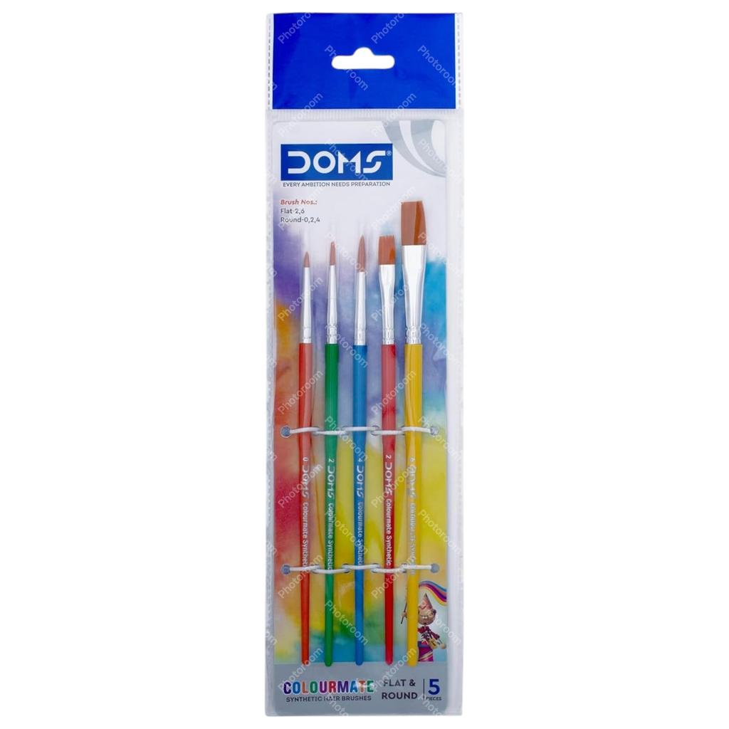 DOMS Colourmate Synthetic Paint Brush Set 5 Pc Flat And Round Soft Wooden Handle For Art School Hobby Painting Use