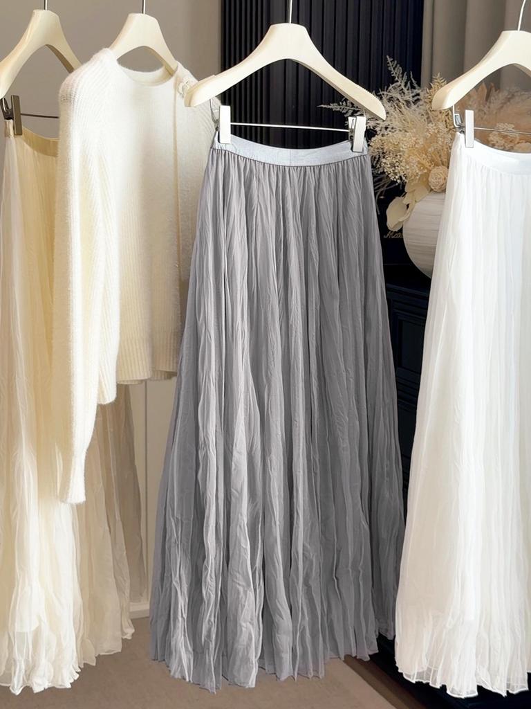 Elegant Versatile High-Quality A-Line Pleated Mesh Skirt for Women - Mid-Length Fairy Style