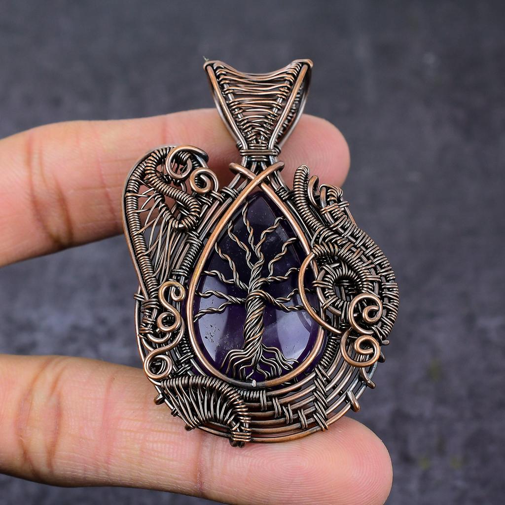 Natural Sage Amethyst Handmade Copper Wire Wrap Tree Of Life Pendant 2.64" z6C14
