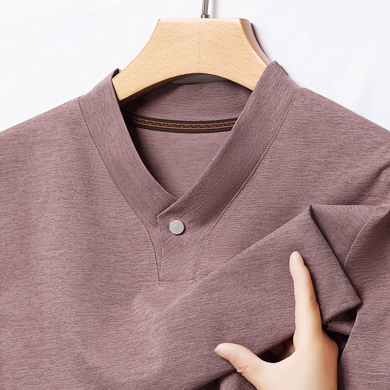 

New Mid-Aged Men s Short Sleeve Solid Print Thin T-Shirt V-Neck Summer Wear Wrinkle-Resistant 4XL