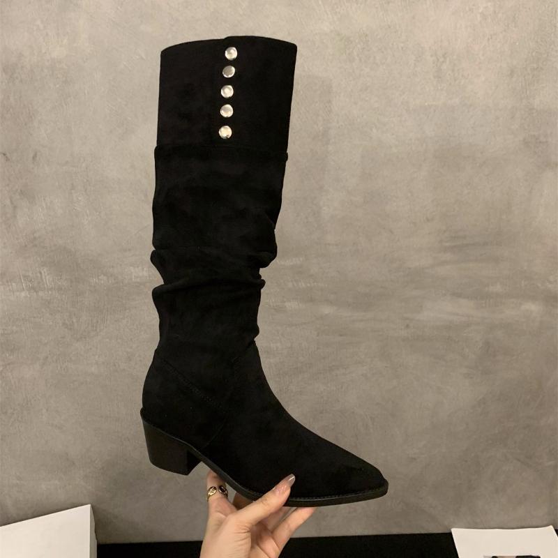 Fashion Thick Heel Pleated Women Knee High Boots Sexy Pointed Toe Stripper Party Shoes Slip On Modern Long Botas Para Mujer