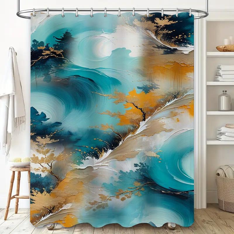 Modern Style Shower Curtain With Blue Gold Abstract Design For Bathroom Decor Waterproof Bath Mat Set, Perfect Gift Idea (Size: