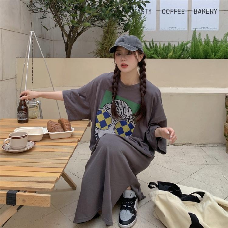 Rochie tricou de damă cu mânecă scurtă și gât rotund, mărime mare, cu croială lejeră, rochie lungă în stil relaxat, rochie de dormit până la genunchi