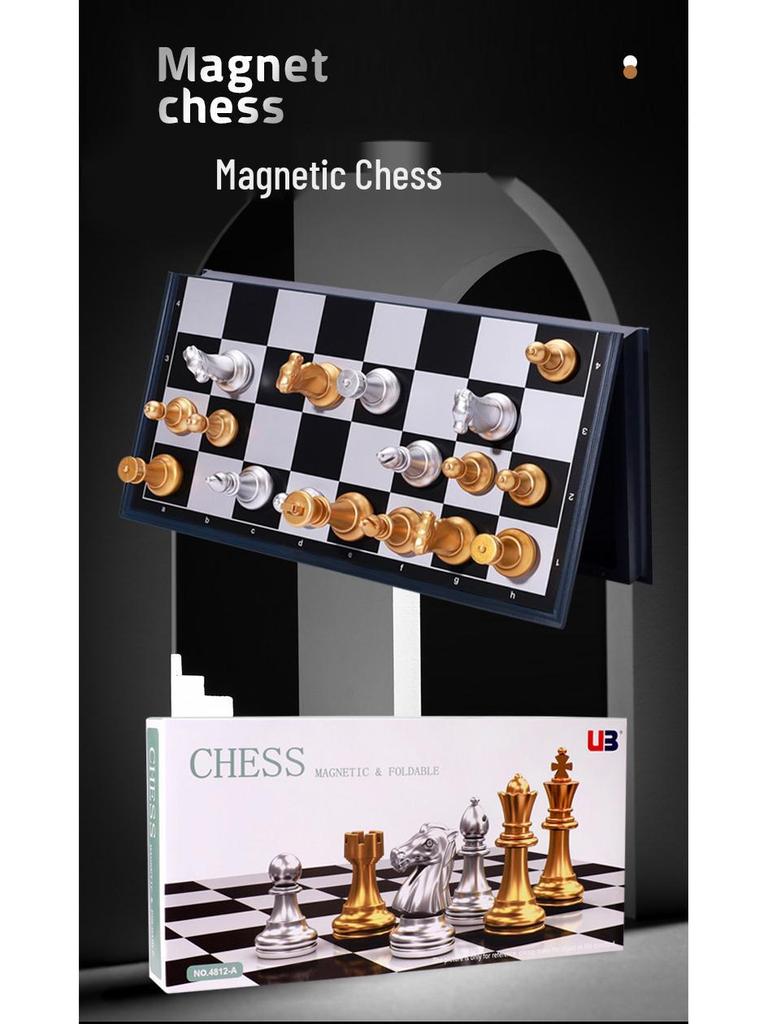 UB Magnetic Gold and Silver Folding International Chess Set - Medium Size for Adults and Kids
