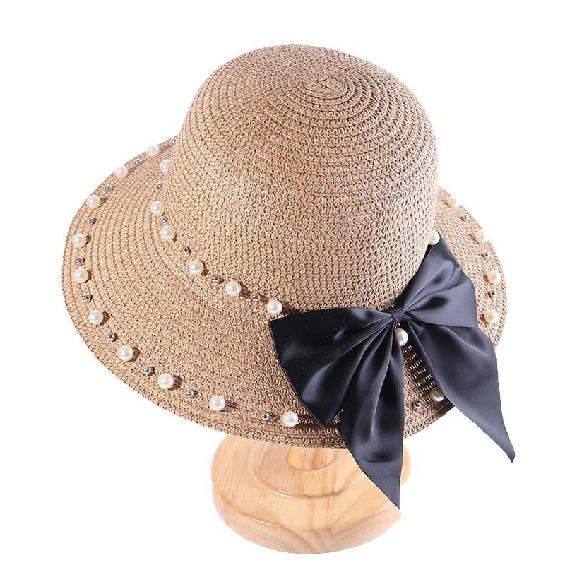 Nuevo Sombrero de Sol de Verano para Mujer Protección UV Paja Perla Moderno Vacaciones en la Playa Protección Solar Casual