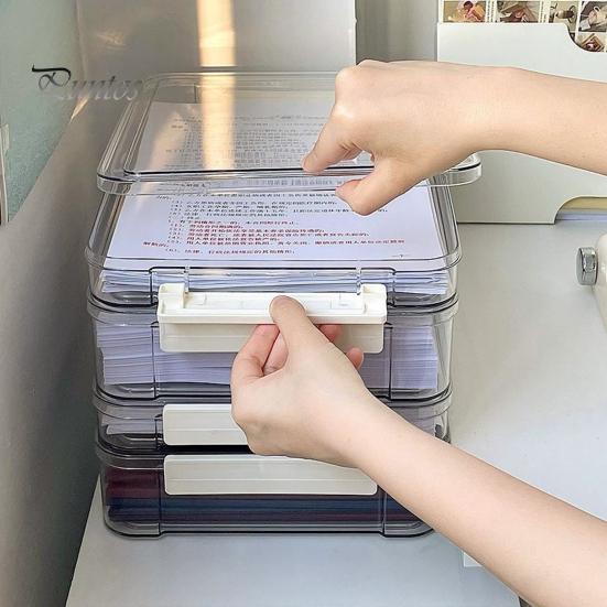 Transparent Document Organizer Box Dustproof with Lid Comfortable Grip Handle See-through Storage Container