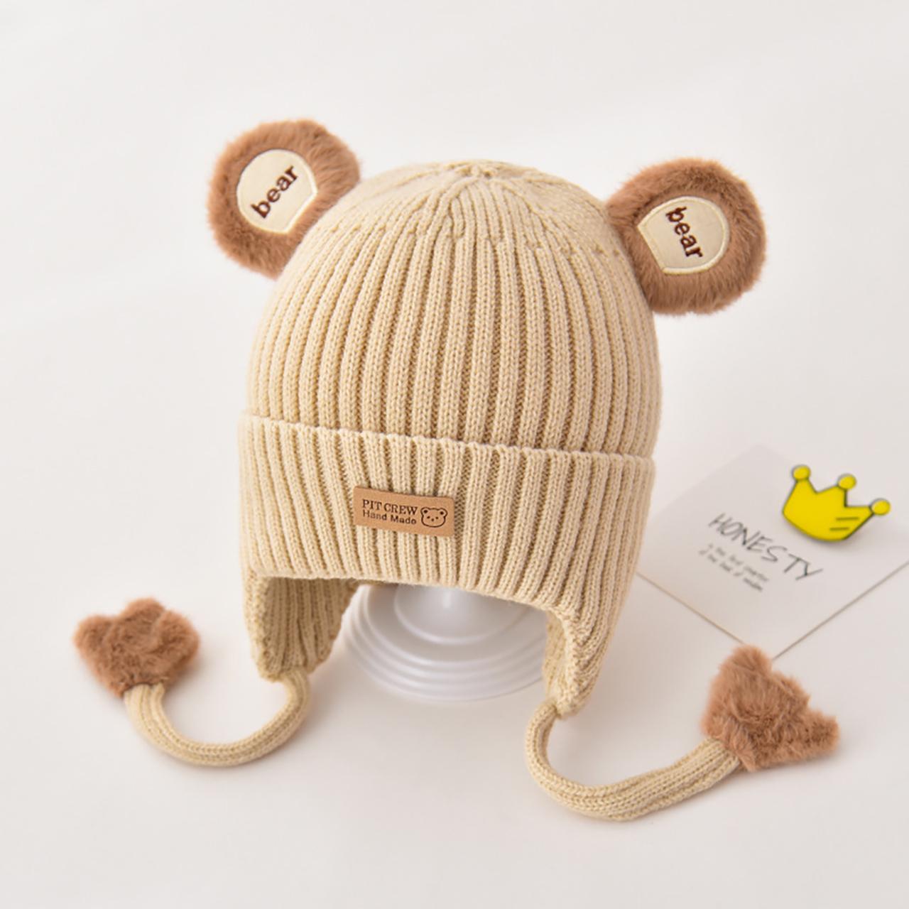 

Зимняя шапка для защиты ушей Теплая Толстая Вязаная Милый Медведь Детская Защита от холода Хлопковая подкладка На шнуровке Младенец Малыш Шапка-бини 45-50cm fit 6-36M