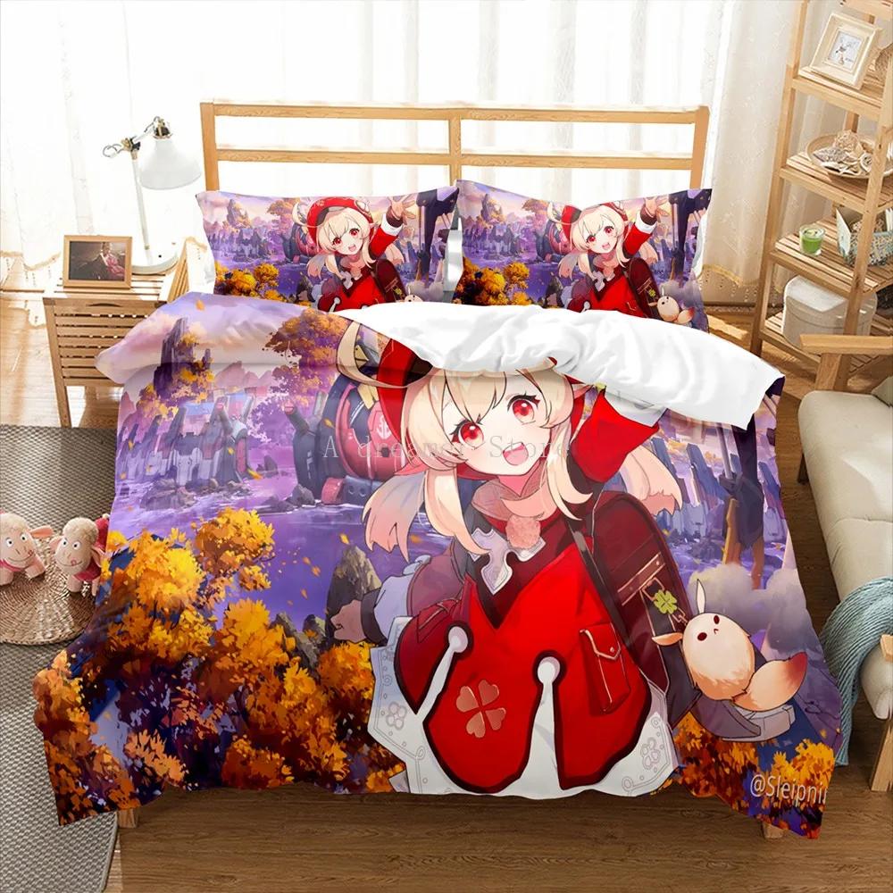 Genshin Impact Bedding Set For Kids Teens Boys Girls Game Duvet Cover With Pillowcase Microfiber Bedclothes Cartoon Bed Linen