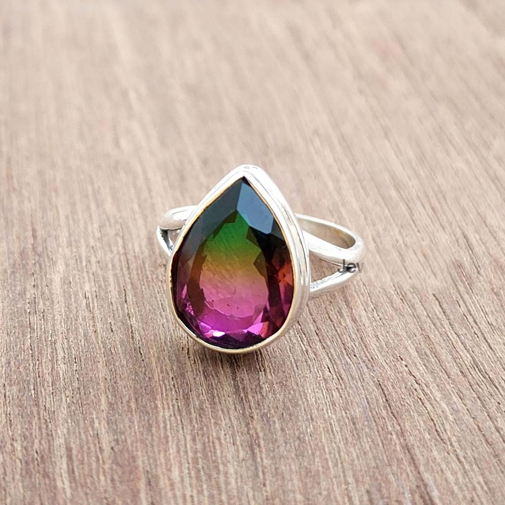 Pear Cut Multicolored Watermelon Tourmaline 925 Sterling Silver Ring Jewelry, Handmade Gift Tourmaline Ring