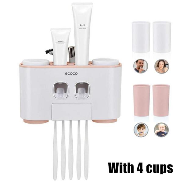Toothbrush Holder Wall Mounted Automatic Toothpaste Dispenser Magnetic Toothpaste Squeezer Whit 4 Cup