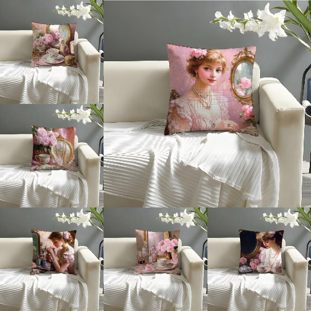 Classic Reto Oil Painting Girl 2 Pillow Case Linen Pillow Case Sofa Home Decor Cushion Cover Cushion Cove