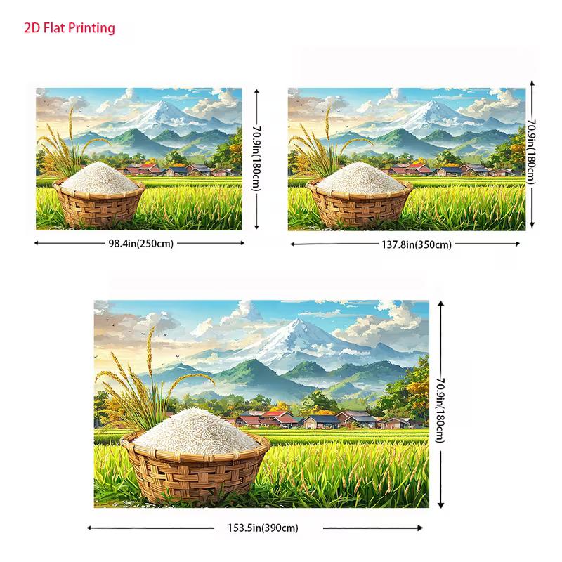 2D Countryside Rice Tapestry, Rural Farm Scene with Mount Fuji and Rice